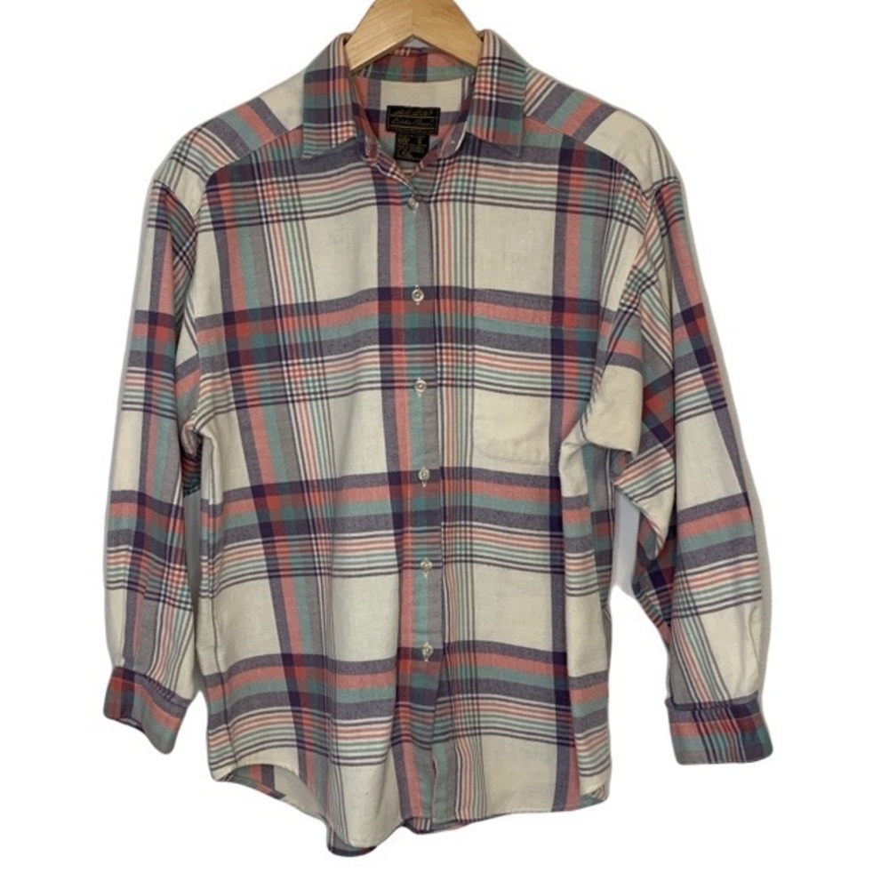 Eddie  Bauer  Women’s  Medium  Cream  Blue  Red   Plaid  Long  Sleeve  Shirt